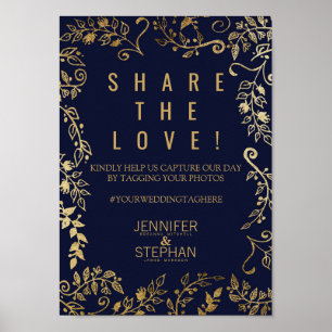 Elegante Navy Blauwe Gouden Bloem Sociale Media Fo Poster