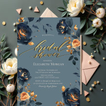 Elegante Navy Blauwe Gouden Bloemen Bruidsdouche