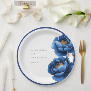 Elegante Navy Blauwe Gouden Bloemen Bruiloft Papieren Bordje
