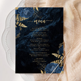 Elegante Navy Blauwe Gouden Bloemen Bruiloftsmenu Kaart