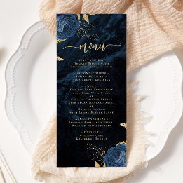 Elegante Navy Blauwe Gouden Bloemenen Huwelijksmen Menu
