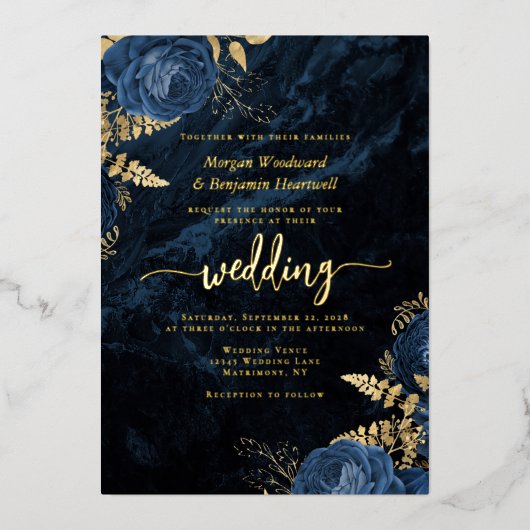 Elegante Navy-blauwe gouden bloemige bruiloft Folie Uitnodiging (Voorkant)