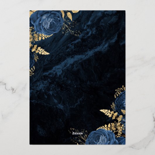 Elegante Navy-blauwe gouden bloemige bruiloft Folie Uitnodiging (Achterkant)