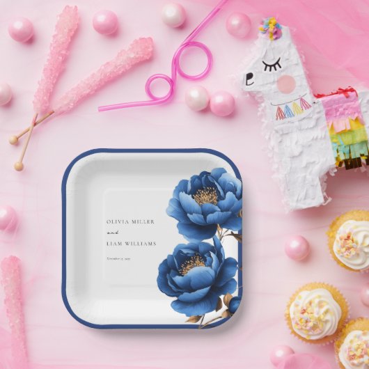 Elegante Navy Blauwe Gouden Bloemige Trouw Papieren Bordje (Feest)