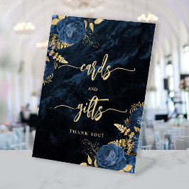 Elegante Navy Blauwe Gouden Bloemige Trouwkaarten Reclamebord Met Voetstuk