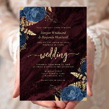 Elegante Navy Blauwe Gouden Bloemrijke Burgundy Br