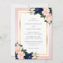 Elegante Navy Blauwe Gouden Blush Roze Bloemige Br