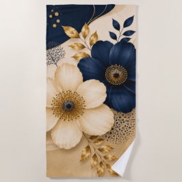 Elegante Navy Blauwe & Gouden Botanische Bloemmoti Strandlaken