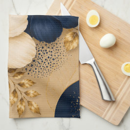 Elegante Navy Blauwe & Gouden Botanische Bloemmoti Theedoek