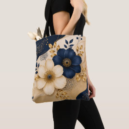 Elegante Navy Blauwe & Gouden Botanische Bloemmoti Tote Bag
