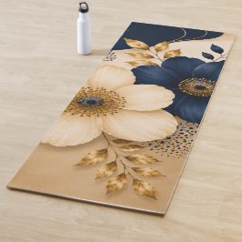 Elegante Navy Blauwe & Gouden Botanische Bloemmoti Yogamat
