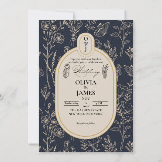 Elegante Navy Blauwe Gouden Botanische Trouwuitnod
