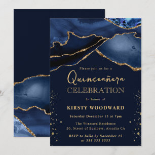 Elegante Navy Blauwe & Gouden Glitter Agate Quince Kaart