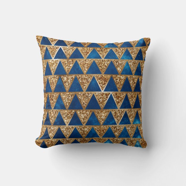 Elegante Navy Blauwe Gouden Glitter Driehoek Patro Kussen (Voorkant)