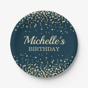 Elegante Navy Blauwe Gouden Glitter Verjaardagsfee Papieren Bordje