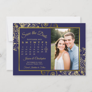 Elegante Navy Blauwe & Gouden Kalender & Foto Brui Save The Date