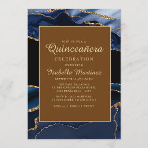Elegante Navy Blauwe Gouden Marmer Agaten Quinceañ Kaart