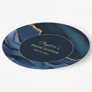Elegante Navy Blauwe Gouden Marmer Bruidsdouche Papieren Bordje
