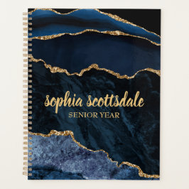 Elegante Navy Blauwe Gouden Marmer Eindjaar Planner