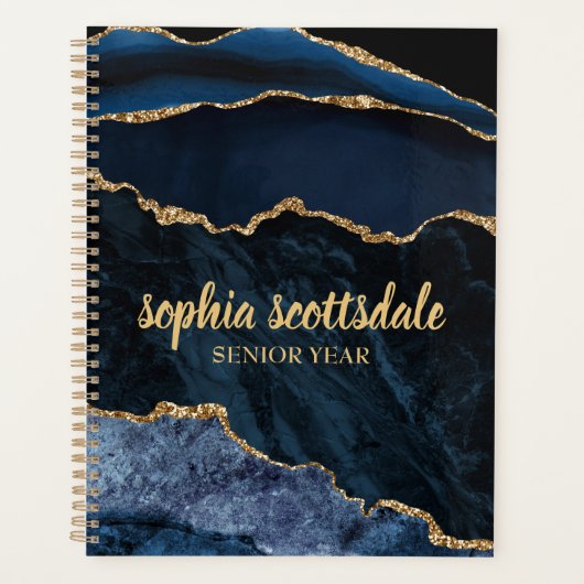 Elegante Navy Blauwe Gouden Marmer Eindjaar Planner (Voorkant)