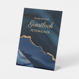 Elegante Navy Blauwe Gouden Marmer Huwelijksgasten Reclamebord Met Voetstuk