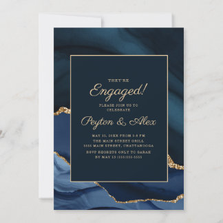 Elegante Navy Blauwe Gouden Marmeren Verlovingsfee Kaart