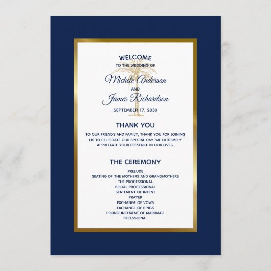 Elegante Navy Blauwe Gouden Palmboom Tropische Bru Programmakaart (Voorkant)