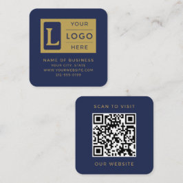 Elegante Navy Blauwe Gouden QR-code Aangepaste Log Vierkante Visitekaartje