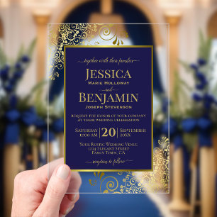 Elegante Navy Blauwe & Gouden Stijlvolle Tekst Lux Acryl Uitnodigingen
