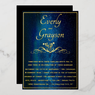 Elegante Navy Blauwe & Gouden Trouwfeeënlichtjes  Folie Uitnodiging