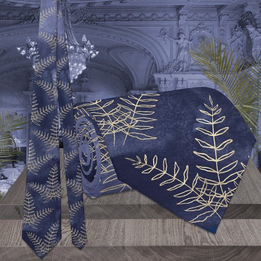 Elegante Navy Blauwe & Gouden Varens Bruiloft Stropdas