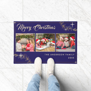 Elegante Navy Blauwe Gouden Vrolijk Kerst 3 Foto Deurmat