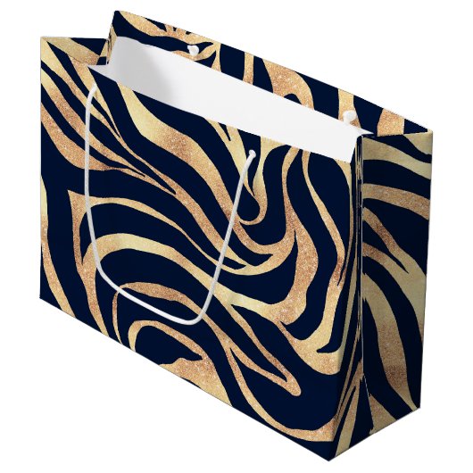 Elegante Navy Blauwe Gouden Zebraprint Groot Cadeauzakje (Voorkant Gekanteld)