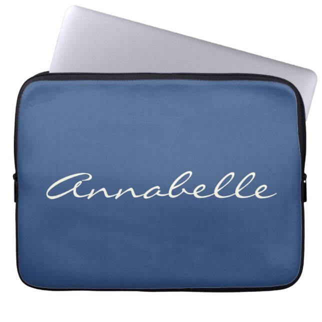 Elegante Navy Blauwe Handgeschreven Script Naam Cu Laptop Sleeve (Voorkant)