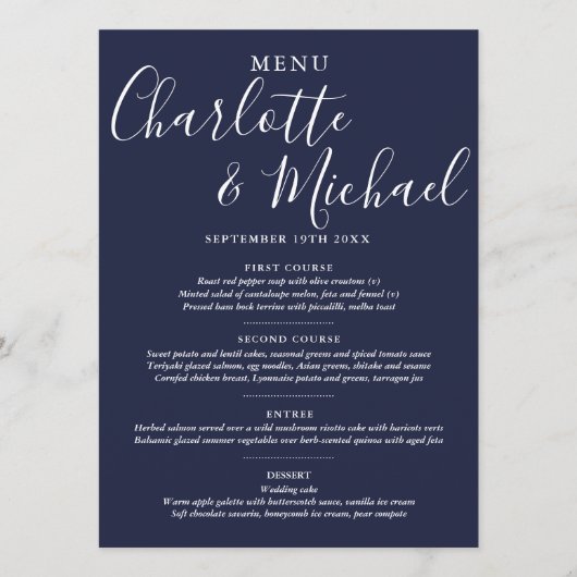 Elegante Navy Blauwe Handtekening Script Trouwmenu Menu (Voorkant)
