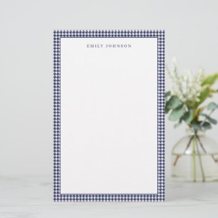 Elegante Navy Blauwe Houndstooth Monogram Briefpapier