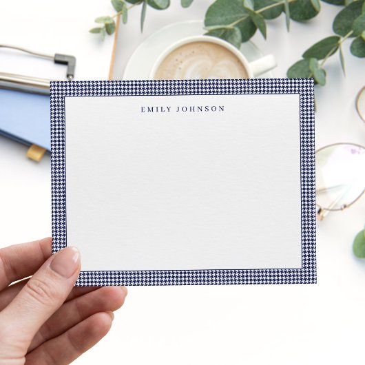Elegante Navy Blauwe Houndstooth Monogram Notitiekaartje