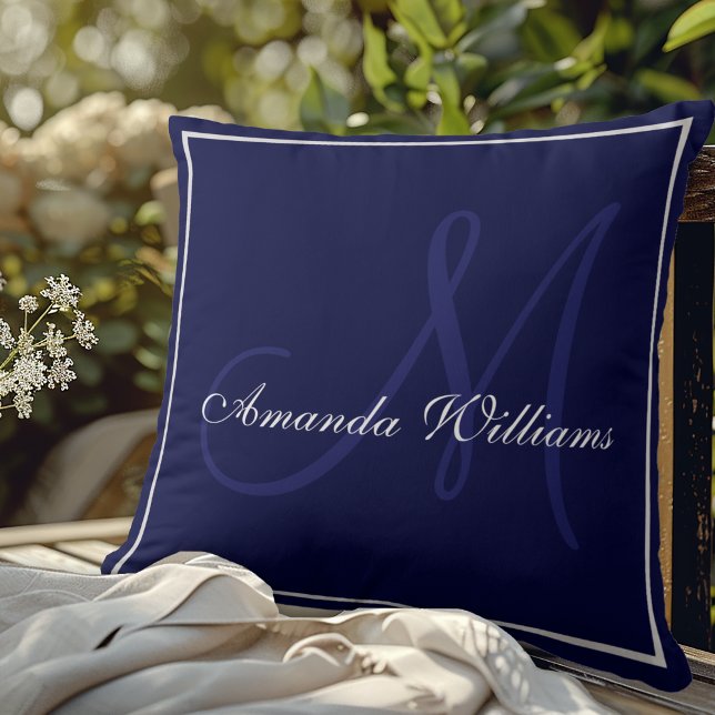 Elegante Navy Blauwe Initiële Familie Monogram Kussen (Creator heeft geüpload)