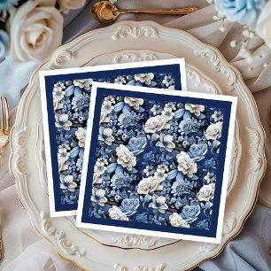 Elegante Navy Blauwe Ivoren Bloem Luxe Papieren Se Servet