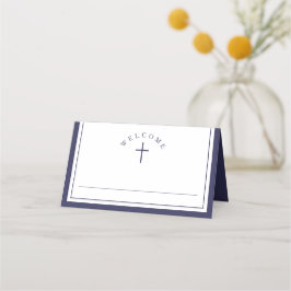 Elegante Navy Blauwe Jongen Eerste Communie Plaatskaartje