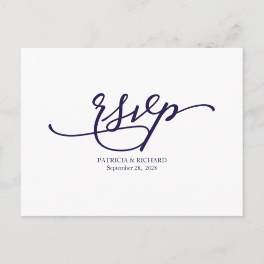Elegante Navy Blauwe Kalligrafie Bruiloft RSVP Briefkaart (Voorkant)