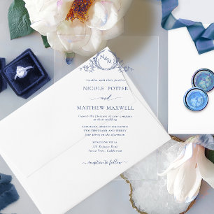 Elegante Navy Blauwe Koninklijke Kroon Krans Monog Acryl Uitnodigingen