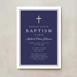 Elegante Navy Blauwe Kruis Baby Jongen Doopfeest Kaart