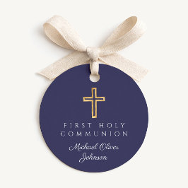 Elegante Navy Blauwe Kruis Eerste Communie Rond Bedankjes Labels