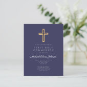 Elegante Navy Blauwe Kruis Jongen Eerste Communie Briefkaart (Staand voorkant)