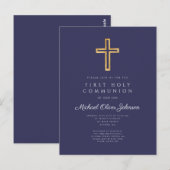 Elegante Navy Blauwe Kruis Jongen Eerste Communie Briefkaart (Voorkant / Achterkant)