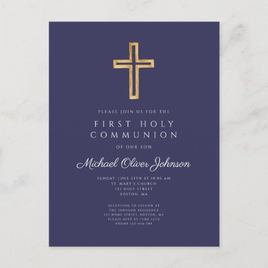 Elegante Navy Blauwe Kruis Jongen Eerste Communie Briefkaart (Voorkant)