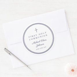 Elegante Navy Blauwe Kruis Jongen Eerste Communie Ronde Sticker