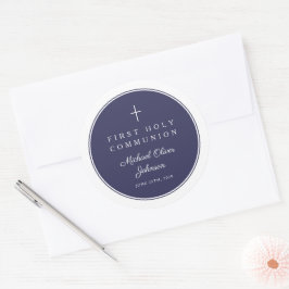 Elegante Navy Blauwe Kruis Jongen Eerste Communie Ronde Sticker