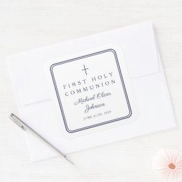 Elegante Navy Blauwe Kruis Jongen Eerste Communie Vierkante Sticker